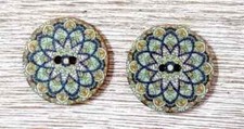 flowers boho wood sewing buttons 2 holes 1 inch (set #1206) 2pc