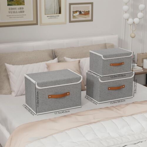 7-Pack Collapsible Storage Bins, Fabric Boxes with Lids & Leather Handles, Grey - Picture 8 of 8