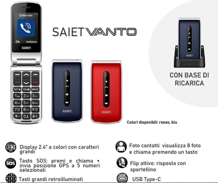 Saiet VANTO tasti caratteri Grandi SOS flip attivo usb-c base di ricarica ROSSO - Immagine 2 di 4