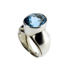 Large Faceted Oval Blue Topaz Ring Sterling Silver Gemstone Statement Ring