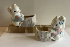 2 Vtg Burwood Bunny Rabbit Wall Planter Set Boy Girl Pnk Baby Plastic Easter USA