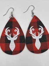 Earrings Deer Buck Red Black Plaid Christmas Holiday 2" Faux Leather Teardrop