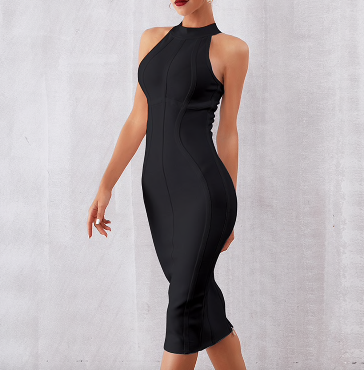 dress fitted under bust NEW! DESIGNER COUTURE BLACK HIGH NECK UNDER BUST BANDAGE DRESS FASHION ICON