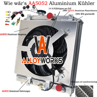 2 Reihe Aluminium Kühler+Lüfter Für Honda Civic EK/EG 92-00 CRX Del Sol 93-97 96