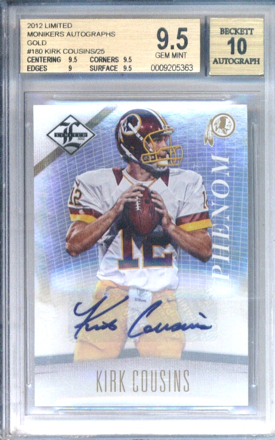 Kirk Cousins Panini Limited #180 Monikers Gold Autograph