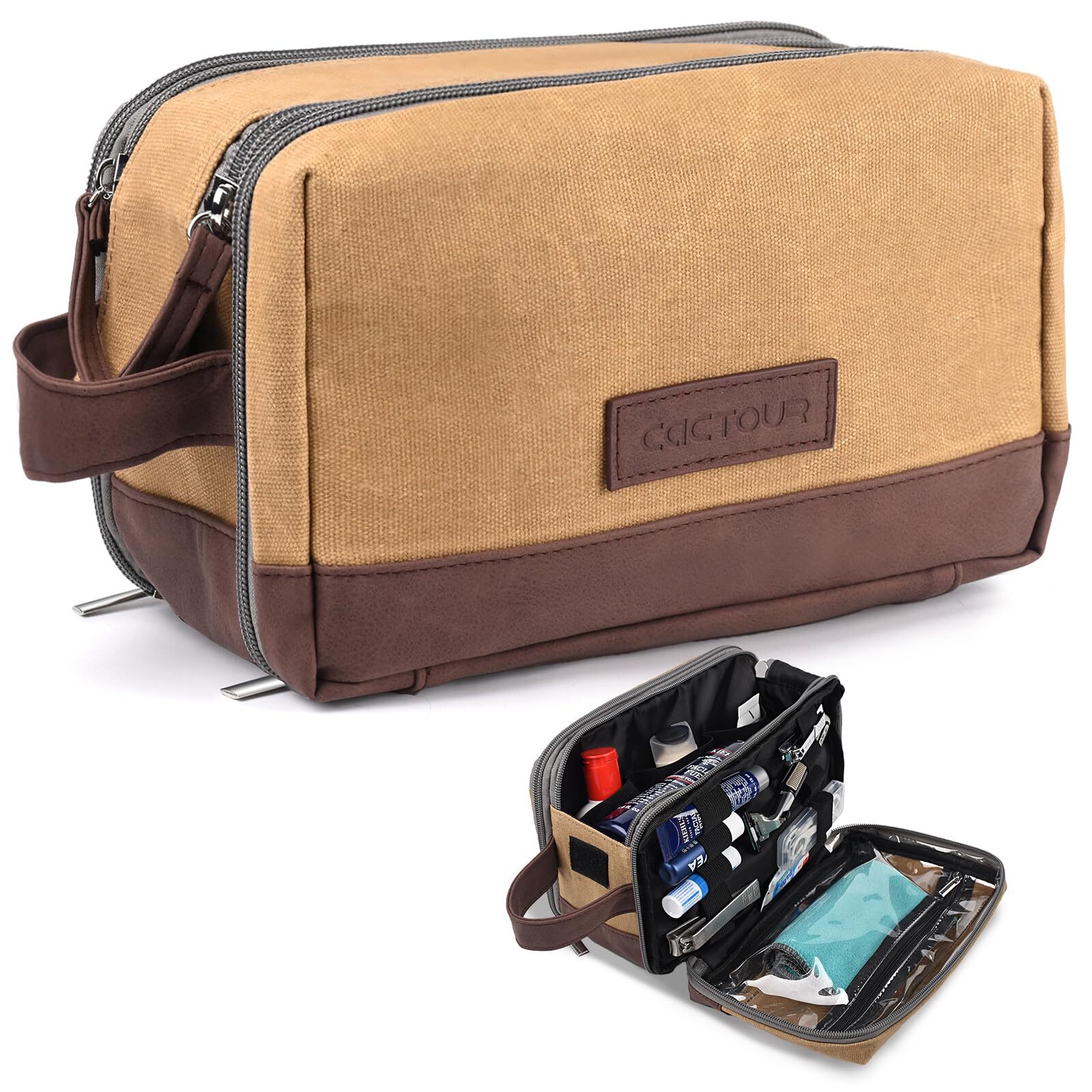 Leather & Canvas Mens Travel Toiletry Bag - Large Durable Organizer-image