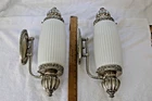 Pair of Vintage Nickel Plated Milk Glass Wall Sconces UL listed. 17"x7.5"x4.5"