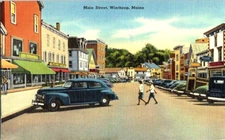 Winthrop Maine , Main St Wilsons antique cars linen postcard a83