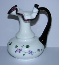 Fenton Jug Pitcher Vase Lilacs on Milk Glass with Plum Purple Crest and Handle