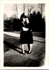 2 Pretty Young Women in Dresses w/ Heels & Smiling in Park FOUND B+W Photo 0158