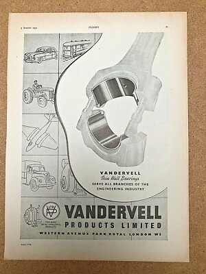 1951 Flugzeugwerbung VANDERVELL PRODUCTS DÜNNWANDLAGER TECHNIK INDUSTRIE