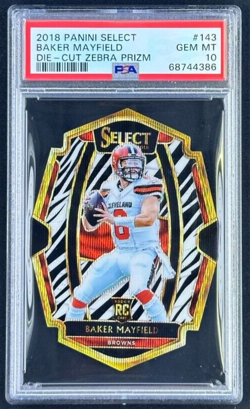 2018 Panini Select #143 Baker Mayfield Premier Level Die-Cut Zebra SSP PSA 10