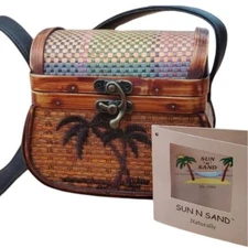 Vintage Sun N Sand Woven Rattan Palm Tree Treasure Chest Small Crossbody Purse