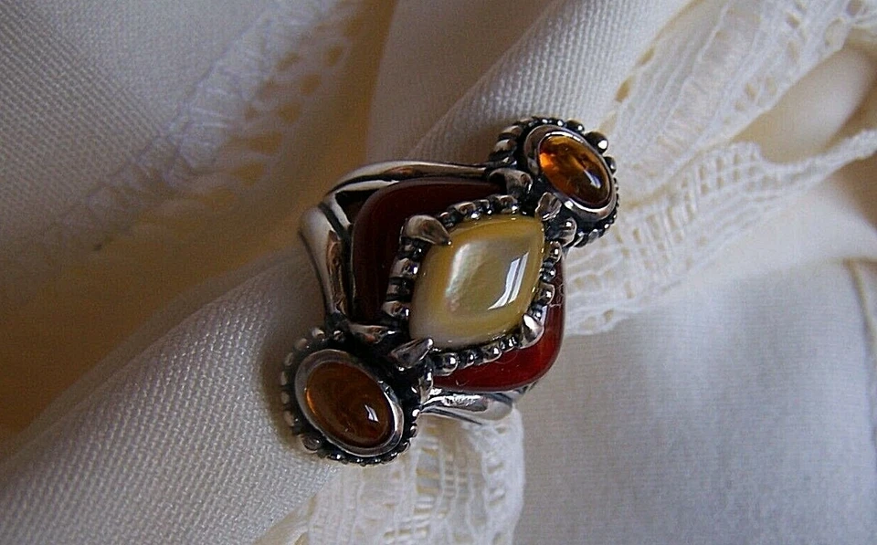 Carolyn Pollack Cornalina Roja, Fregona Amarilla, Ámbar 925 SS Talla 6 ¡Encantadora y NUEVA CON ETIQUETAS!! Foto 3 de 4