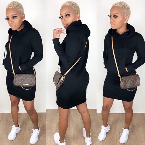 New Stylish Women Long Sleeves Solid Color Hooded Drawstring Casual Short Dress - Picture 12 of 12