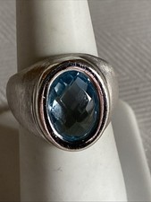 Designer Italian Brushed Sterling Large Sky Blue Topaz Ring Size 7
