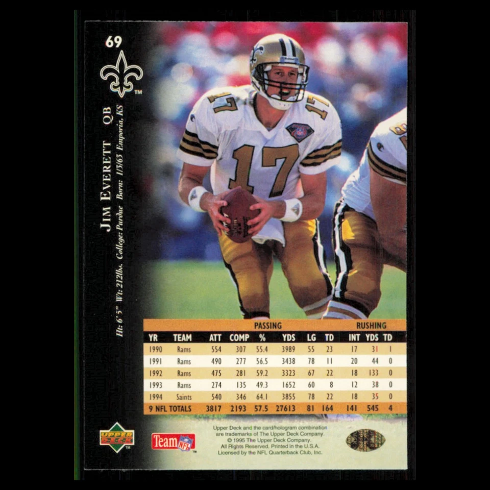 Jim Everett #69 1995 Upper Deck New Orleans Saints Football Card NFL NM - Image 2 of 3