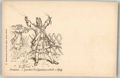 14009102 - Musketier Grenadier Handgranaten werfend 1709 sign. Knoetel Uniform