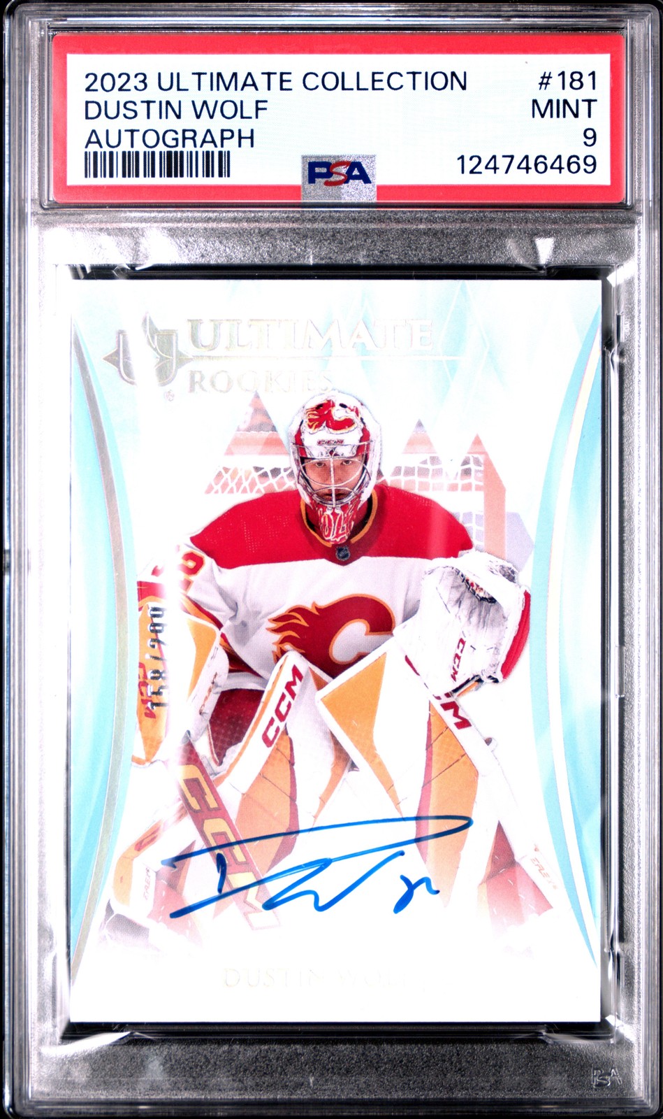 2023 Upper Deck Ultimate Collection #181 Dustin Wolf Rookie Auto /299 PSA 9