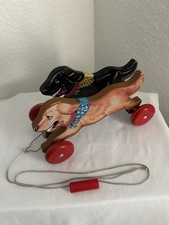 Vtg Schylling Wooden Black & Golden Retriever Dog Pull Toy Racing Wheels Bell