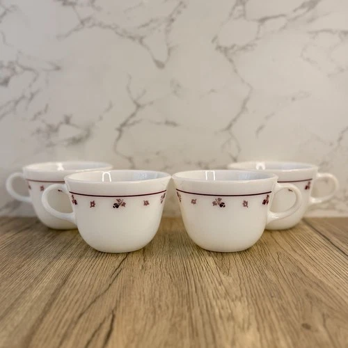 Vintage Pyrex/Corning Burgundy Rose Coffee Mug Milk Glass C Handle Set of 4