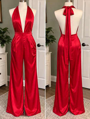 Hello Molly Red Satin Halter Backless Wide-Leg Jumpsuit, Women s Size S