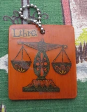 Vintage 1969 Libra Boho Hippy painted wood keychain