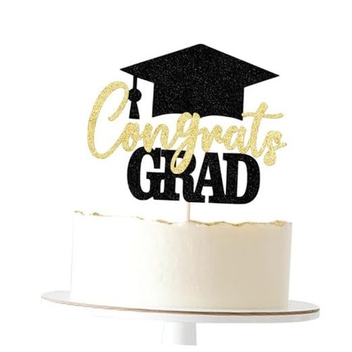 Glitter Congrats Grad Cake Topper, 2025 Graduation Party Decorations Black Gold