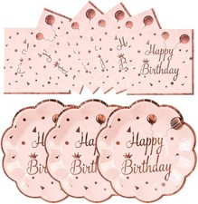 50Pcs Happy Birthday Paper Plates and Napkins - 7 Inch Disposable Rose Gold