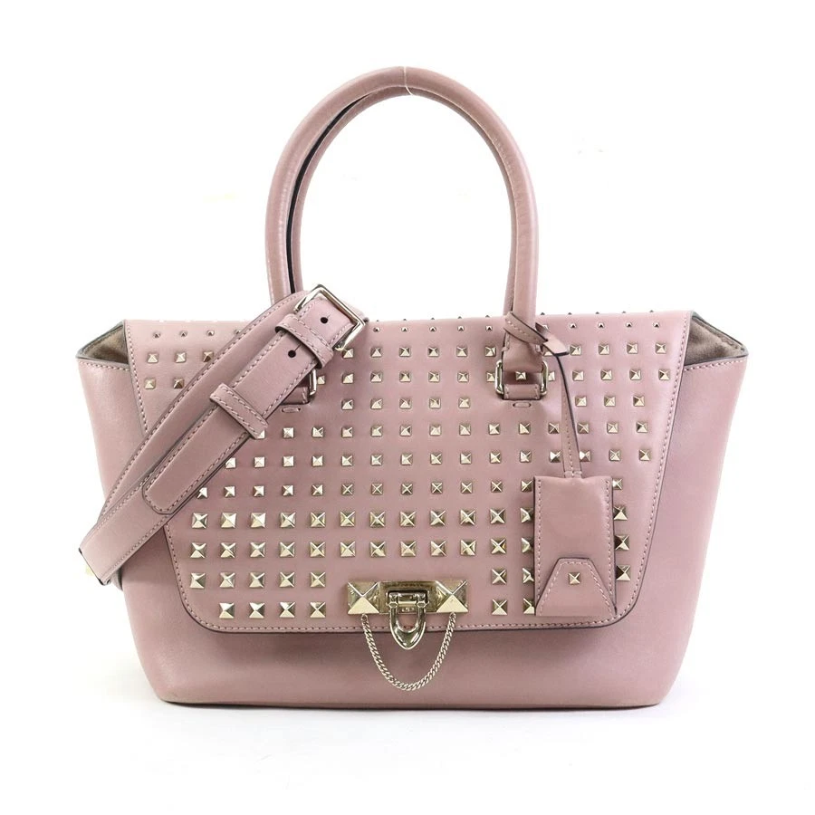 Valentino — Auth Valentino Garavani Rockstuds Handbag Shoulder Bag Pink/Gold Leather h31003a