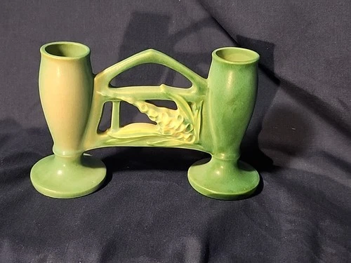 Roseville Art Pottery Foxglove Double Vase Handled Green #160- 11-1/2