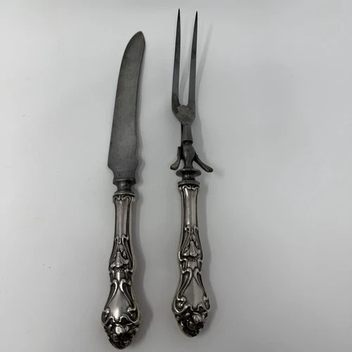 Antique Art Nouveau Sterling Silver Handled Carving Knife & Fork Set Floral