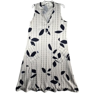 Women's Sleeveless Collared Shirtdress White Navy Leaf Pattern Pockets Size L
