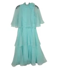 VTG MISS ELLIETTE Lined CHIFFON Teal TIERED Zip CAPELET MAXI Party Prom DRESS 12