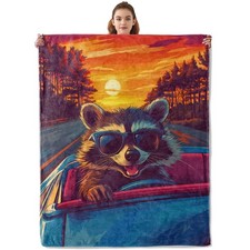60x50 Inch Cool Raccoon Blanket Cozy Flannel Throw Plush Warm Sofa Home Decor