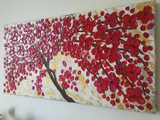 QUADRO MODERNO DIPINTO A MANO ALBERO DELLA VITA FIORI ROSSI 40x80x4 RIF167