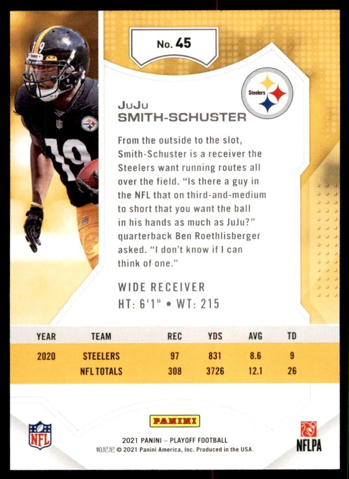 2021 PANINI PLAYOFF JUJU SMITH-SCHUSTER PITTSBURGH STEELERS #45 - Image 2 of 2