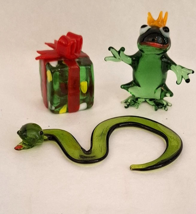 Konvolut 3 ausgefallene Glastiere Glasartikel Geschenk Frosch Schlange Glas
