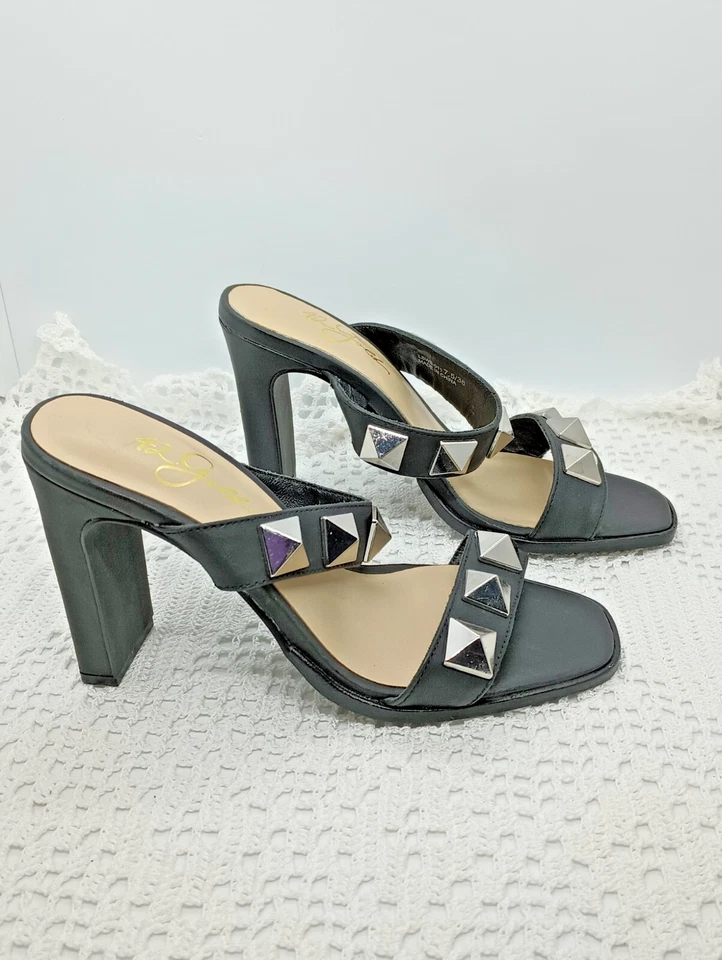 42 Gold Lara Dress Sandal Silver Stud Slide-on Heels Size 7.5 Open Square Toe - Image 2 of 4