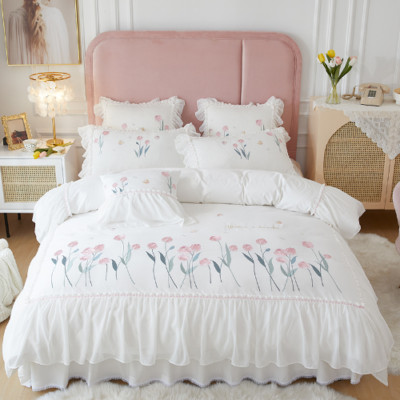 Tulip Flower Embroidery 100% Cotton Lace Ruffles Bed Skirt Princess Bedding Set
