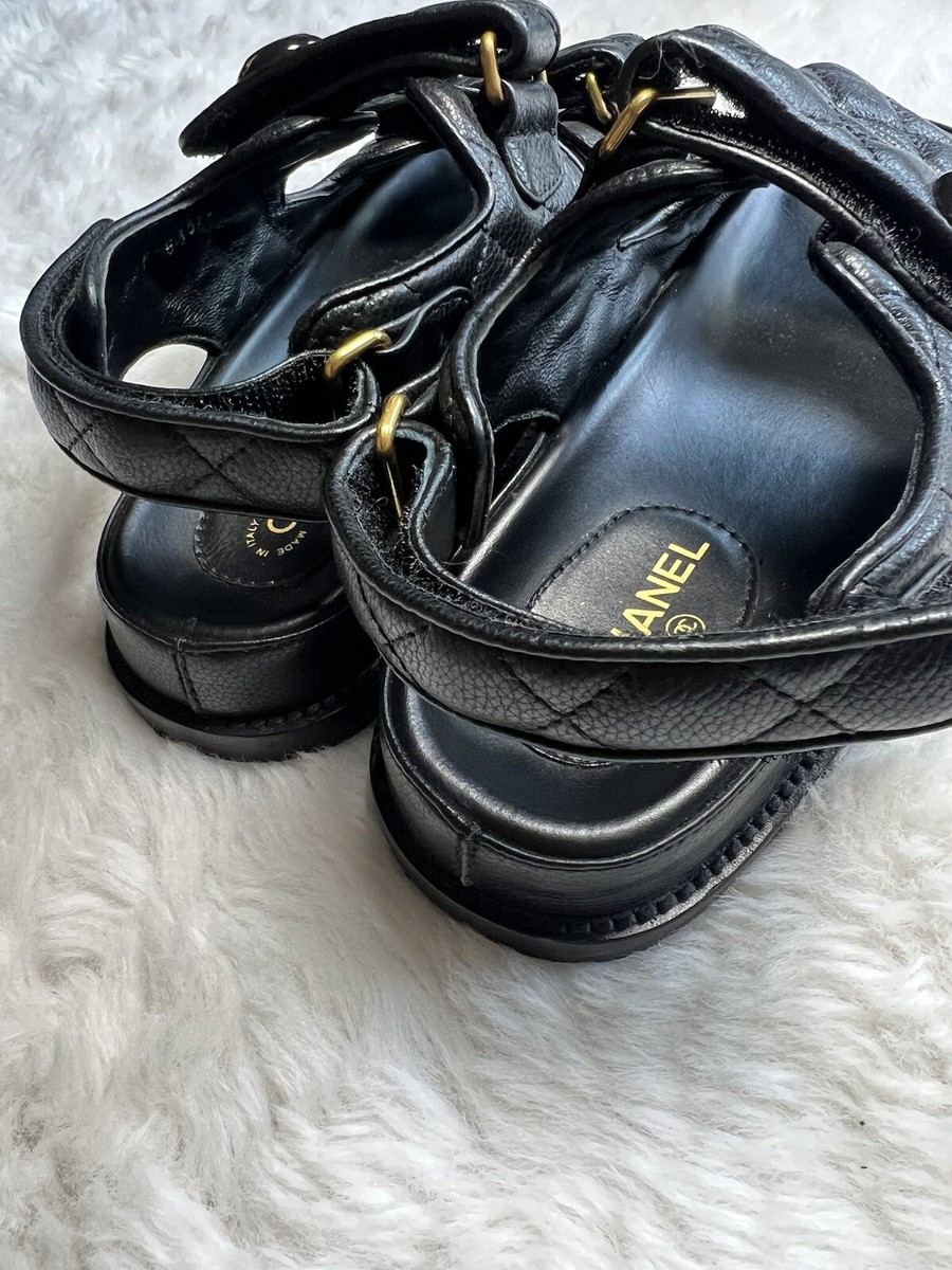 Chanel Dad Sandals Size 37 C Black Leather Gold Logo Ankle Strap