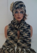 NEW BLACK BEIGE GRAY MULTI FLOWER HAT AND SCARF SET HAND MADE BEANIE SKULL CAP