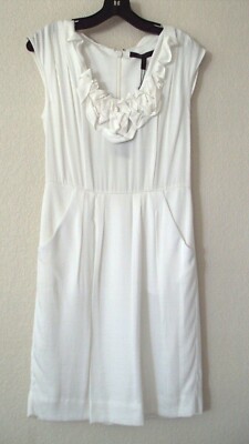 NWT298 BCBG MAXAZRIA DRESS OFF WHITE SATIN PLEATED 8 10 M CAP SLEEVES 