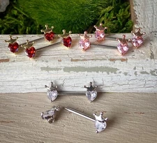 PAIR Heart CZ Gem w/ Crown Nipple Rings Shields Steel Barbells Piercing Jewelry