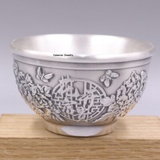 Pure S999 Fine Silver Tea Cup Heat Insulation Flower Butterfly Bowl 55-56g 2.6in
