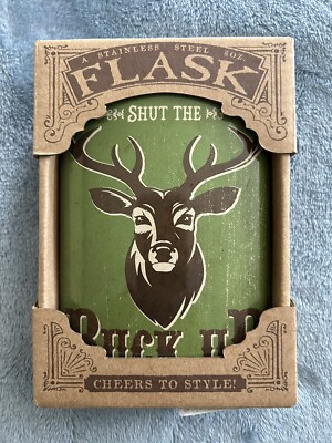 TRIXIE & MILO A STAINLESS STEEL 8OZ. FLASK SHUT THE BUCK UP CHEERS TO STYLE 