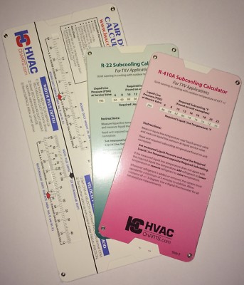 Supercool HVAC Slide Chart 3 Pack. R-22 & R-410a superheat. Duct Calculator
