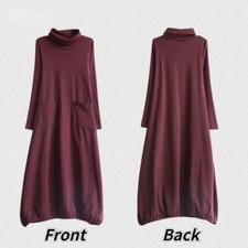 Donna Abito Midi collo Alto Stile Vintage Etnico Tasca Lungo Manica Ampia Casual