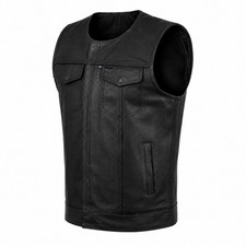 Mens SOA Collarless Leather Vest Motorcycle B...