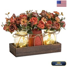 DUOER 3 Pcs Mason Jar Centerpiece with Wood Tray LED Light - Orange